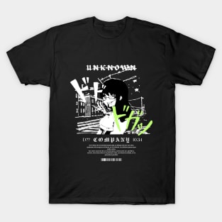 A crazy girl with anime design in a night city T-Shirt